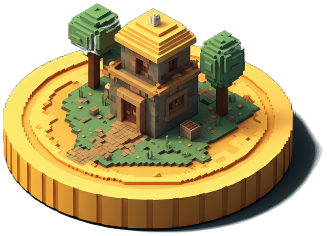 The VOXVILLE coin-town: a gold coin with a voxel village built on top of it